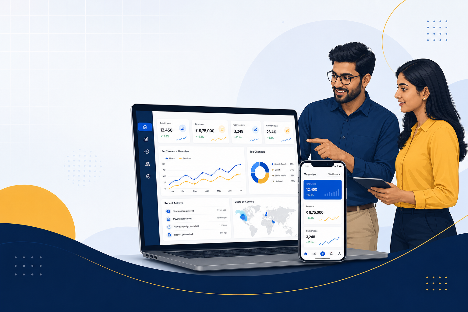 Kiash Infotech free consultation—team reviewing product plan on laptop and mobile