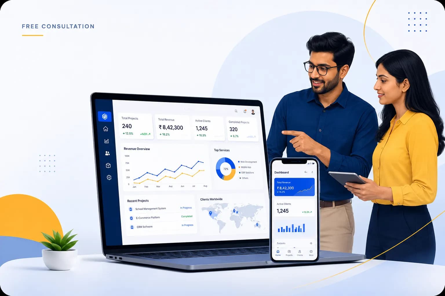 Kiash Infotech free consultation—team reviewing product plan on laptop and mobile