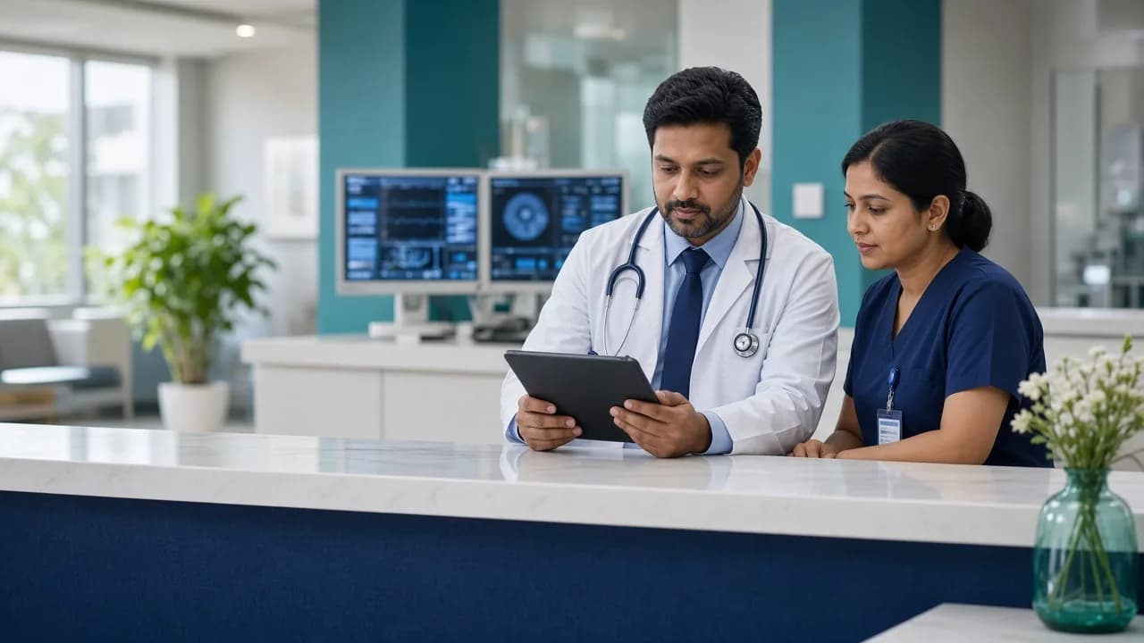 Doctor and nurse using clinic software on a tablet in a modern hospital