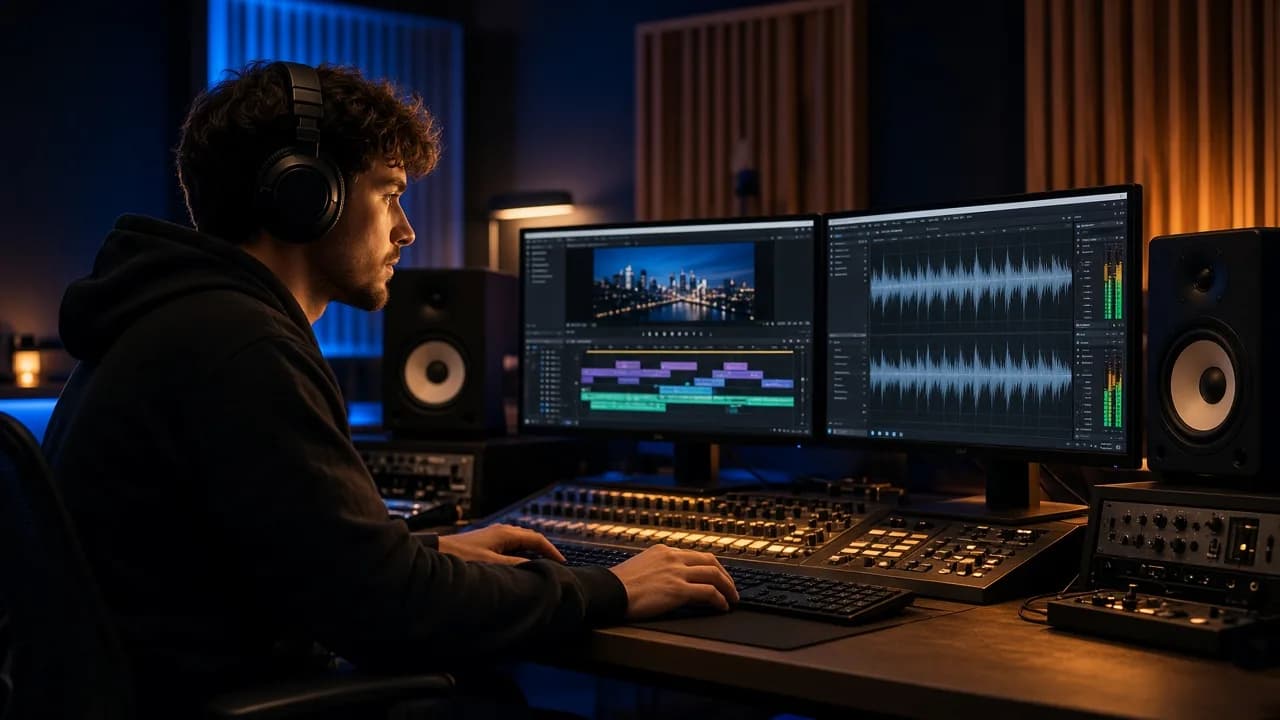 Music and video production studio with mixing desk and timeline screens