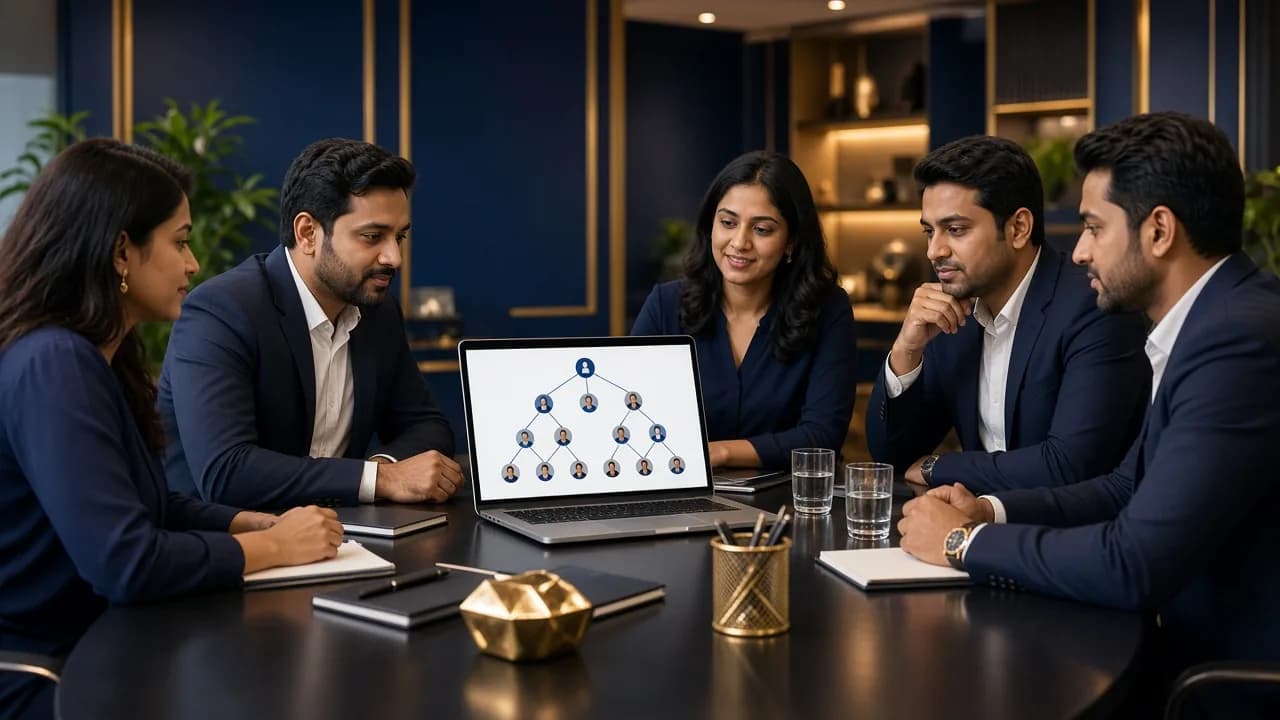 Direct selling team reviewing a network genealogy on a laptop