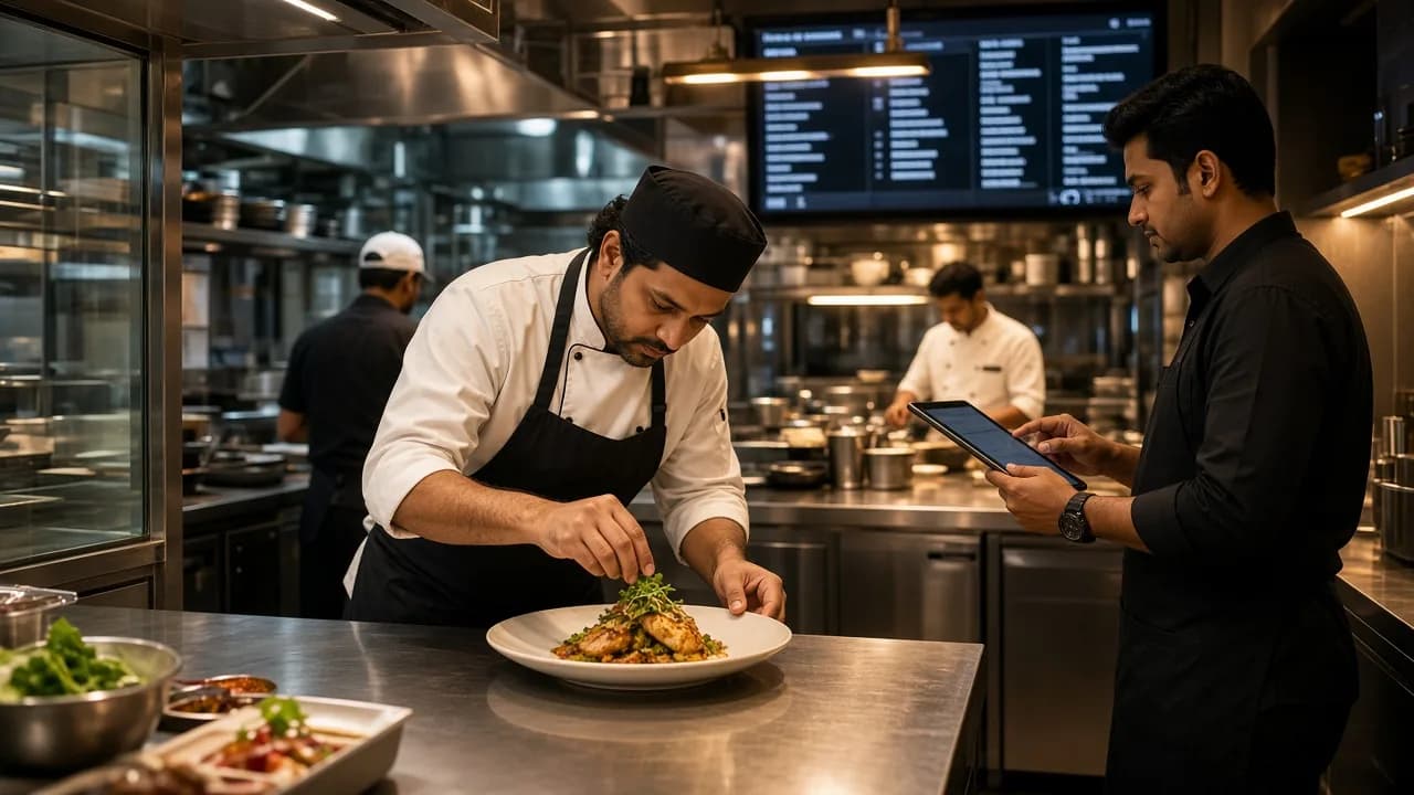 Restaurant staff taking orders on a POS tablet in a busy kitchen