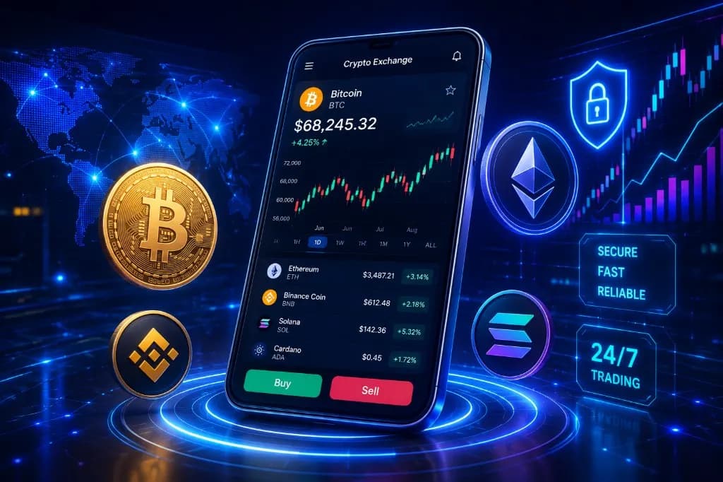 Crypto exchange mobile app with spot trading, P2P, futures and secure wallet features