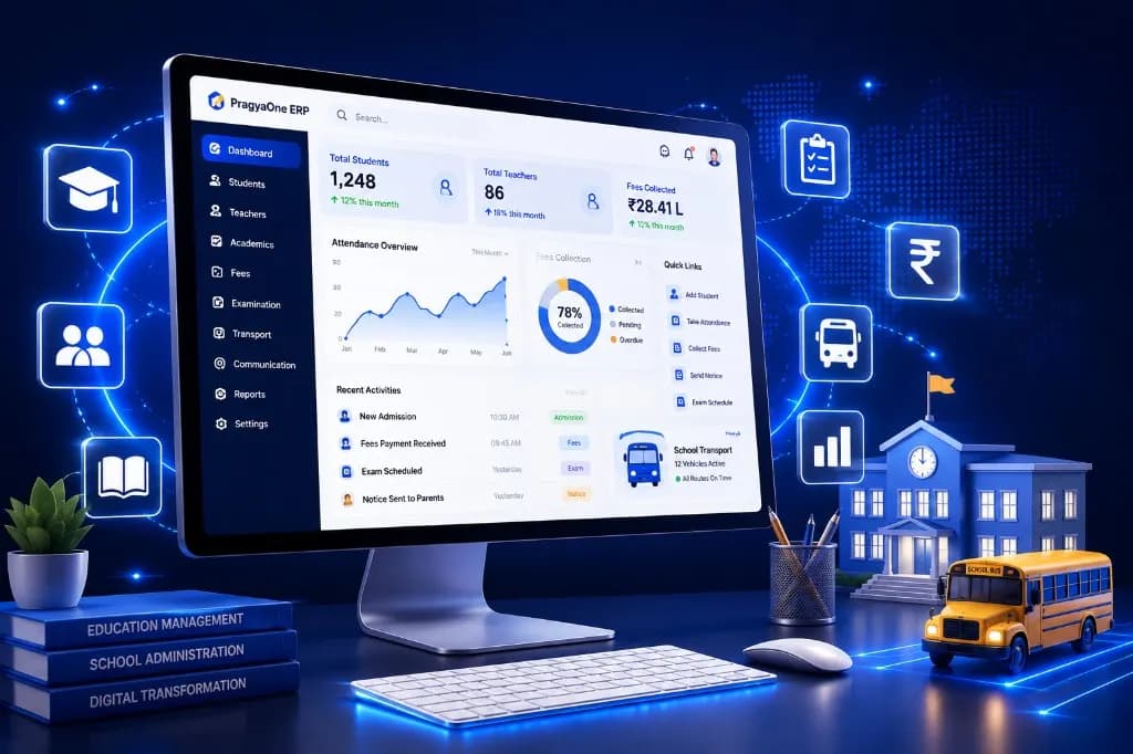 Pragya One school management ERP dashboard on desktop with academics, fees and attendance modules