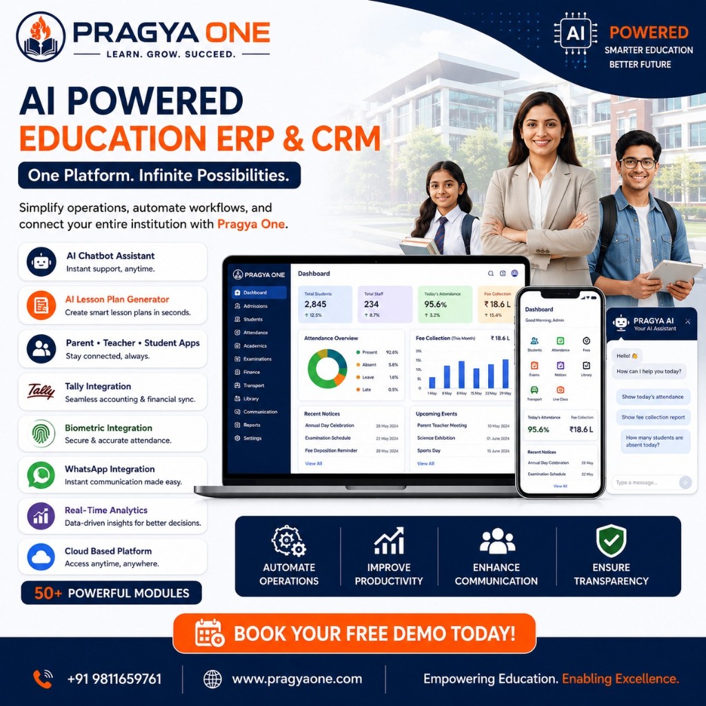 Pragya One AI powered education ERP and CRM dashboard with laptop mobile apps and school stakeholders