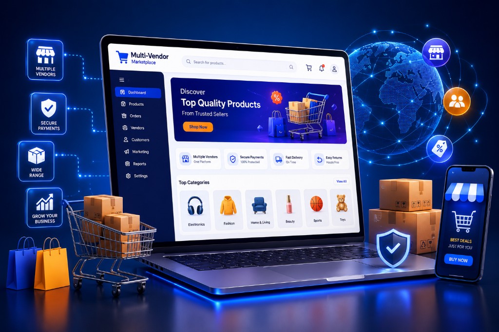 Multi-vendor marketplace platform on laptop with sellers, orders, POS and shopping apps